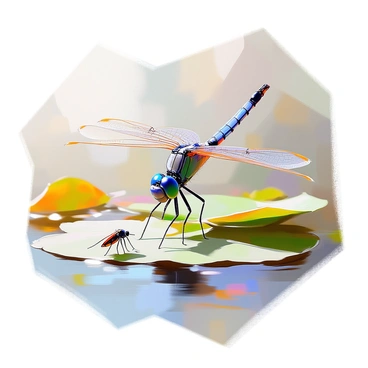 A dragonfly with iridescent green and blue wings is hovering gracefully over a calm body of water. Its delicate body is slender and elongated, reflecting the sunlight. Below, the water surface ripples gently, with hints of lily pads and aquatic plants nearby. A small mosquito is visible in the frame, appearing to be unaware of the approaching predator. The dragonfly's large multifaceted eyes are focused intently on its target, poised and ready to dart down at any moment.