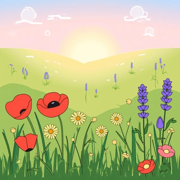 A vibrant flower field filled with a variety of colorful blooms, including red poppies, yellow daisies, and purple lavender. The flowers sway gently in a light breeze. A soft mist envelops the ground, creating a dreamy atmosphere. The sky above showcases a gradient of soft pink and light blue hues as the sun begins to rise. The scene captures the freshness of early dawn, with dew drops glistening on the petals and blades of grass.