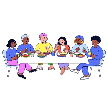 A rectangular dinner table set with a white tablecloth. On the table are various traditional dishes from different countries, including sushi from Japan, tacos from Mexico, pasta from Italy, and curry from India. Each dish is presented on colorful plates. Surrounding the table are five friends, each representing a different nationality, smiling and engaged in conversation. They are seated on simple chairs, and some have drinks in hand. The overall atmosphere conveys a sense of friendship and cultural diversity.