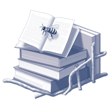 A bee with delicate wings is perched on a small book. The bee is focused as it appears to be reading the text on the pages. The library shelf is constructed from intertwined twigs, giving it a rustic appearance. The surrounding environment features additional books placed haphazardly on the shelf, enhancing the cozy atmosphere of the scene. The lighting casts soft shadows, emphasizing the bee's intricate details and the natural texture of the twigs.