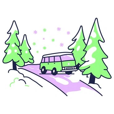 An old station wagon is driving along a snowy road surrounded by tall pine trees. The vehicle is covered in a light dusting of snow, with visible tire tracks leading down the road. Snowflakes gently fall from the sky, creating a winter atmosphere. The pine trees on both sides of the road are thick with snow, their branches drooping under the weight. The scene captures a tranquil moment in nature, with the old station wagon as the focal point against the winter landscape.