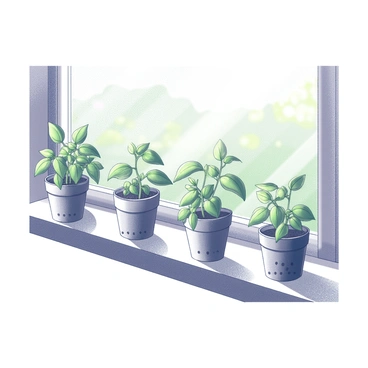 Several small potted basil plants arranged neatly on a windowsill. The pots are varying in size and shape, with some having small drainage holes visible at the bottom. Each plant features numerous green leaves, displaying varying degrees of fullness. Sunlight streams through the window, casting distinct shadows on the windowsill and highlighting the textures of the leaves and soil. The window provides a glimpse of a blurred landscape outside, suggesting a bright day.