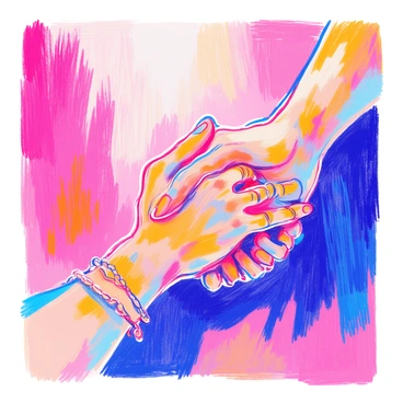 A close-up view of two hands lightly touching each other. The hands are positioned in the center of the image, with soft skin tones and delicate details visible. One hand has neatly manicured nails, while the other has a simple bracelet. The background features warm colors that blend softly, enhancing the sense of connection and intimacy. The fingers are slightly curved, suggesting a gentle interaction, and the lighting is soft and warm, highlighting the contours of the hands.