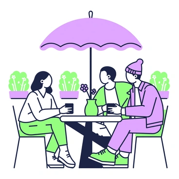 A small group of friends is seated around a round table on a cafe terrace. There are three friends, two men and one woman, each holding a cup of coffee. The woman has long hair and is wearing a light sweater, while one man has short hair and is wearing a casual shirt, and the other man has a beanie on his head and is dressed in a denim jacket. The table is adorned with a small vase containing a single flower. In the background, there are potted plants lining the terrace, and a large umbrella providing shade. The atmosphere conveys a sense of friendship and relaxed engagement.