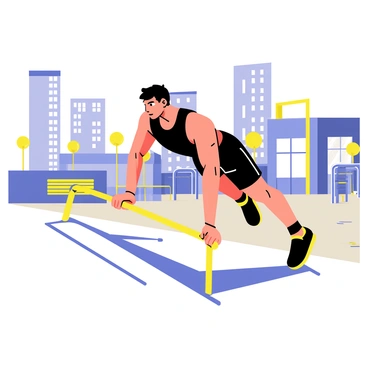 A parkour athlete performing chest dips on a set of parallel bars in an urban setting. The athlete has a strong physique, wearing a fitted black tank top and athletic shorts. The background features a cityscape with tall buildings and graffiti on the walls. The ground is concrete, and there are scattered pieces of urban furniture, like benches and bike racks. Sunlight casts shadows, creating a dynamic contrast on the scene. The athlete is focused, with muscles visibly engaged as they execute the chest dips with precision.