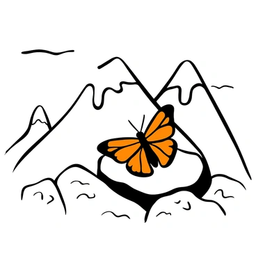 A "monarch butterfly" with orange and black wings is resting on a rocky surface at the summit of a "snow-capped mountain." The mountain features rugged peaks and a jagged outline. The snow on the mountain is detailed with subtle textures, reflecting the light in various ways. The background shows a clear sky with a few wispy clouds. The scene captures the contrast between the delicate butterfly and the imposing mountain landscape.