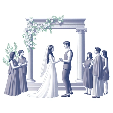 A traditional Greek wedding ceremony takes place outdoors, beneath a beautiful arch adorned with white flowers and greenery. The bride is dressed in a flowing white gown, while the groom wears a simple yet elegant outfit with a laurel crown on his head. Guests are gathered around, wearing ancient garb, including togas and flowing gowns, with intricate drapery and embellishments. The atmosphere is filled with joyful expressions as the couple exchanges vows, surrounded by iconic columns and traditional decorations. In the background, olive trees provide a rustic touch, completing the scene of this festive celebration.