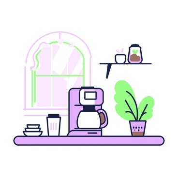 A kitchen corner designed in a minimalist style showcases a sleek, modern coffee maker. The coffee maker has a smooth exterior with clean lines and a digital display on the front. To the left of the coffee maker, there is a small, neatly arranged stack of white ceramic cups. Above the coffee maker, a single shelf holds a couple of glass jars containing coffee beans. The counter is free of clutter, and a potted green plant is positioned in the corner, adding a touch of life to the space. A window allows soft light to illuminate the area.