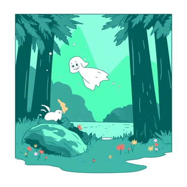 A teal forest glade is illuminated by soft light filtering through the leaves of tall, vibrant trees. In the center, a white ethereal spirit with delicate features, resembling a small person, floats gently above the ground, surrounded by tiny glowing orbs. Nearby, another spirit, this one with a gentle orange glow, emerges from behind a moss-covered rock, peeking curiously at a small woodland creature. The scene is filled with lush greenery, and colorful flowers are scattered throughout the forest floor, adding a sense of magic and wonder to the tranquil setting.