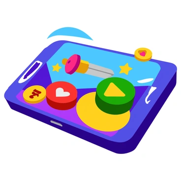 A close-up view of a colorful mobile game interface featuring various buttons and icons. The background of the interface is a vibrant gradient of blues and purples. Large circular buttons are in bright colors like red, green, and yellow, each displaying unique action icons such as a sword, a heart, and a treasure chest. Small star and lightning bolt icons are scattered around, adding dynamic elements to the design. The interface is sleek and glossy, giving it a modern, interactive appearance.