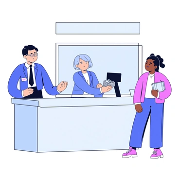 A bank teller is standing behind a glass window, counting a stack of banknotes. The teller is wearing a blue uniform with a nametag. In front of the window, a customer is waiting, looking attentively at the teller. The customer is casually dressed and holding a small handbag. The bank interior features simple furniture and a neutral color scheme. The scene captures a moment of transaction in a banking environment.