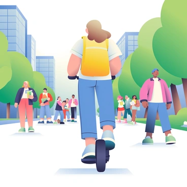 A college student with light brown hair is riding a mini segway across a bustling university campus. She is wearing casual jeans and a bright yellow backpack, which is slung over one shoulder. Around her, various students are walking, some carrying books and laptops, while others are chatting in groups. In the background, there are modern buildings with large glass windows and green trees lining the pathways. Sunlight casts soft shadows on the ground, highlighting the vibrant atmosphere of campus life.