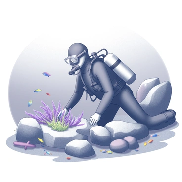 A deep-sea diver is positioned on the rocky crust of the ocean floor. The diver is wearing a full wetsuit and an oxygen tank, with a helmet that has a clear visor. Surrounding the diver are various formations of rocks and boulders, covered in marine life. The diver is examining a cluster of vivid seaweed and small, colorful fish darting around. Light filters down from the surface, creating gentle patterns on the ocean floor. The scene captures the diver's focused exploration in this underwater environment.