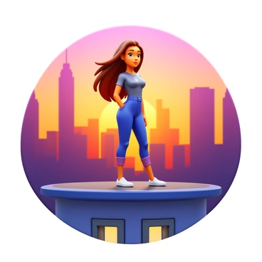 A girl standing on a rooftop, wearing a stylish outfit. She has long, flowing hair that gently sways in the wind. The city skyline is visible in the background, showcasing tall skyscrapers and a vibrant sunset casting warm colors across the scene. The girl looks confidently into the distance, with the rooftop's edge highlighted beneath her feet.