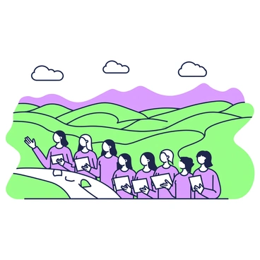 A choir is positioned on a hilltop, singing harmoniously together. The members of the choir are wearing matching outfits. Some have sheet music in their hands, while others appear to be passionately engaged in the performance. Below the hilltop, a vast landscape stretches out, showcasing rolling hills and winding rivers. Fluffy clouds drift overhead in the sky, adding depth to the scene. In the distance, a range of mountains is visible against the horizon, completing the picturesque view.