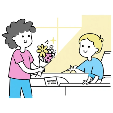A child with curly brown hair, wearing a bright red t-shirt and blue jeans, is standing next to a hospital bed. The child is holding a colorful bouquet of flowers, which includes yellow daisies, pink roses, and white lilies. The friend in the hospital bed, a girl with short blonde hair wearing a light blue hospital gown, is smiling at the child. The room is filled with soft, natural light coming through a window, creating a warm atmosphere. There is a get-well-soon card on the bedside table next to the flowers.