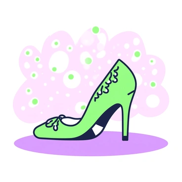 A pair of high heels is positioned on a reflective surface, showcasing their elegant design. The heels are adorned with intricate embellishments that catch the light, creating a sparkling effect. The evening ambiance is suggested by soft, glowing lights in the background, which enhance the allure of the shoes. The heels are pointed and feature a slender ankle strap, blending seamlessly into the overall graceful silhouette. A faint shadow is cast beneath them, adding depth to the composition.