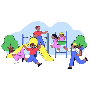 A group of four children playing together in a colorful playground. One child, wearing a red shirt, is sliding down a bright yellow slide. Another child, dressed in blue overalls, is swinging on a tall green swing, while a third child in a pink dress is climbing up a blue jungle gym. The fourth child, wearing a yellow cap, is joyfully running around with a small blue ball. Surrounding the playground are green trees and a clear blue sky.