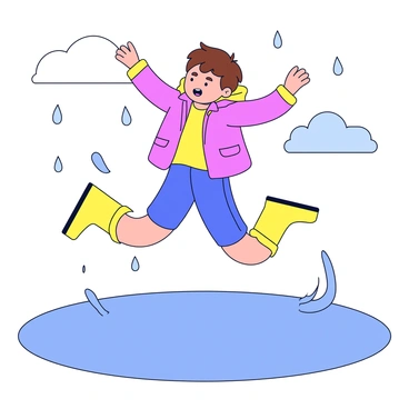 A child wearing bright yellow rain boots is mid-air, jumping into a large puddle. Water droplets are splashing in all directions around the child, creating a lively scene. The child has short brown hair and is wearing a colorful raincoat. The background features a gray sky with hints of clouds, emphasizing the rainy day atmosphere.