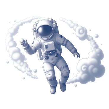 An astronaut wearing a detailed space suit is floating in the vastness of space. The astronaut has a reflective helmet, showcasing the intricate design of the suit. Surrounding the astronaut are swirling clouds representing cosmic phenomena, with swirling textures depicting movement. The scene conveys a sense of depth and vastness, with the astronaut appearing small against the expansive backdrop of the universe.