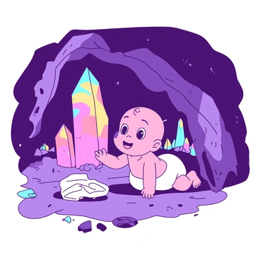 A small baby is crawling on the rocky ground of a cave. The cave is filled with large, luminous crystals that emit a soft glow, casting vibrant reflections all around. The baby's eyes are wide with curiosity, and they are reaching out toward one of the nearest crystals. The light from the crystals creates patterns of colors on the cave walls, illuminating the baby's face with a warm light. The crystals are various shapes and sizes, some towering over the baby, while others are smaller and scattered around the cave floor.