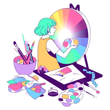 An artist with short teal hair is standing in front of a large round color wheel, deeply focused on selecting a vibrant color palette for their next illustration project. The artist is holding a small paintbrush in one hand and a palette in the other, showcasing various colors of paint. Surrounding the artist are tubes of paint in various vibrant hues. The workspace is cluttered with sketches, brushes, and containers filled with different shades, creating an atmosphere of creativity and inspiration.