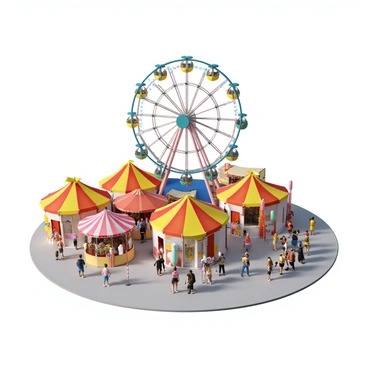 A vibrant carnival scene featuring a large, illuminated Ferris wheel towering over the festivities. The Ferris wheel is adorned with numerous colorful lights, creating a cheerful atmosphere. Surrounding the Ferris wheel are multiple brightly colored tents in shades of red, yellow, and blue, each with striped patterns. The ground is bustling with visitors wearing casual summer attire, some carrying cotton candy and others enjoying various carnival games. There are festive decorations such as streamers and balloons scattered throughout the area, enhancing the lively mood of the scene.