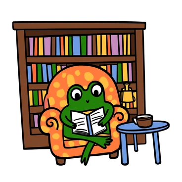 A frog with bright green skin and big eyes is sitting on a plush armchair, comfortably nestled in a quaint library. The armchair is upholstered in a warm, patterned fabric, surrounded by tall wooden bookshelves filled with colorful books. The frog is holding an open book with tiny pages, focusing intently on the text. Soft light from a nearby lamp casts a warm glow over the scene, creating a cozy atmosphere. A small cup of tea sits on a side table next to the armchair, adding to the inviting setting.