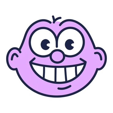 A cartoon-style face is centered in the image, featuring exaggerated features. The face has oversized, round eyes that sparkle with delight, emphasizing a playful expression. Below the eyes, there is a wide grin that stretches across the face, revealing large, exaggerated teeth. The cheeks are rounded and slightly raised, enhancing the cheerful appearance. The face has a simple outline, with minimal details, allowing the features to stand out prominently.