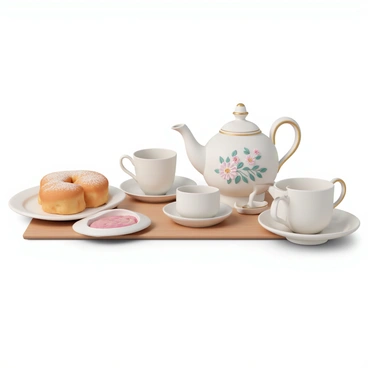A quaint tea set, featuring a delicate floral design, is placed on a wooden table. The teapot is white with gold accents, accompanied by two matching teacups and saucers. Next to the tea set, there is a plate of freshly baked scones, golden brown and lightly dusted with powdered sugar. A small dish of bright red jam sits beside the scones, glistening under the light. The scene is inviting and cozy, perfect for an afternoon tea gathering.