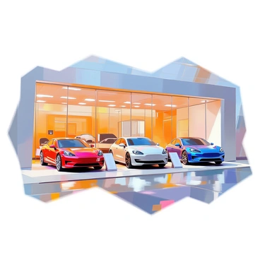 A modern car showroom featuring a glass facade that showcases the latest car models. The exterior is sleek, with large glass windows allowing a clear view of the interior. Inside, several new cars are displayed prominently, including a sporty red coupe, a silver SUV, and a blue sedan. Each car is illuminated by bright showroom lighting, highlighting their glossy finishes and modern designs. The floor is polished, reflecting the cars and creating a clean, contemporary atmosphere. There are minimalist display stands with information about each car beside them.