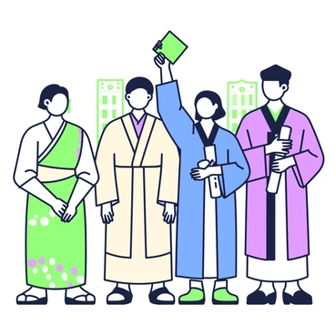 A group of graduates stands together, showcasing diversity in their traditional outfits. To the left, a graduate wears a colorful sarong, holding a diploma with both hands, smiling. Next to them, a graduate dons a cream-colored gown adorned with intricate patterns and holds their diploma proudly in one hand. In the center, a graduate is dressed in a bright blue kimono, with their diploma raised high above their head. To the right, a graduate wears a vibrant red cap and gown, while holding their diploma close to their chest. Behind them, a backdrop of a university building is visible, adding context to the celebration.