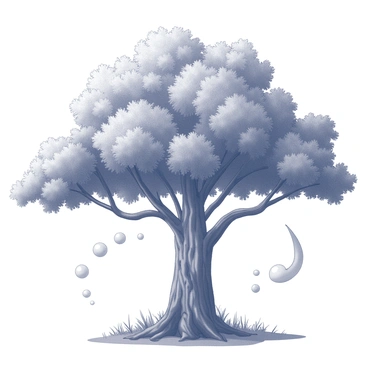 A large tree stands prominently in the center of the image. Its thick trunk is textured with deep grooves and knots. The broad canopy is filled with a multitude of leaves, each distinct and densely packed. Surrounding the tree, the air appears to shimmer slightly, symbolizing the process of gas exchange. Small, visible bubbles of "carbon dioxide" are depicted emerging from the ground and rising towards the leaves. At the same time, clear, visible bubbles of "oxygen" are shown being released from the leaves into the surrounding air. The overall scene conveys a sense of natural exchange in a forest setting.
