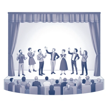 A stage is set with a heavy curtain drawn back, revealing a scene of applause from a crowd of seated spectators. The actors stand at the forefront, each in a different pose, with some bowing deeply while others hold hands raised in appreciation. The actors are dressed in theatrical costumes, showcasing a variety of styles and characters. The crowd's hands are raised in applause, with some faces expressing joy and admiration. The overall composition captures the moment of celebration and recognition for the performers' work.
