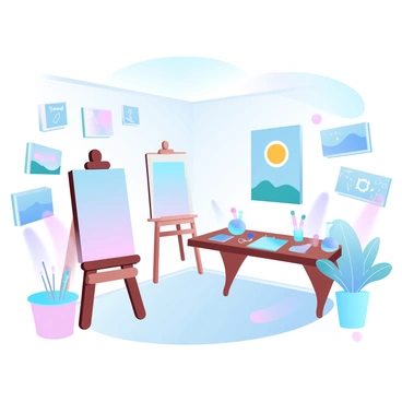 An artist's studio filled with various art supplies and tools. The walls are lined with small 1/8 illustration boards showcasing different artworks, each with unique colors and designs. A wooden easel stands in the corner, holding a blank canvas. A table is covered with paintbrushes, tubes of paint, and sketchbooks. Soft lighting casts a warm glow over the space, highlighting the vibrant pieces on display. A colorful abstract piece hangs prominently on one wall, while several smaller illustrations depict nature scenes and geometric patterns.