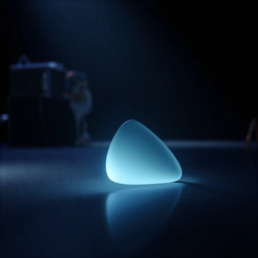 A close-up of a glowing guitar pick resting on a dark wooden stage. The pick emits a soft blue light, illuminating its surface and casting a gentle glow around it. Subtle reflections of the pick can be seen on the polished wood of the stage. In the background, vague silhouettes of musical equipment and a faint outline of a musician can be seen, enhancing the focus on the pick and emphasizing its significance during the performance.