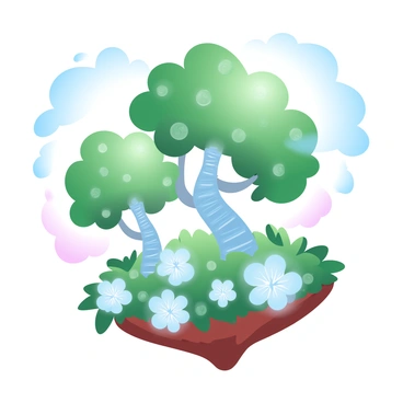 A floating island is depicted in the sky, covered with lush trees and vibrant plants. The leaves of the trees are crafted from various denominations of coins and bills, glistening under a bright light. The trunk of each tree is made of stacked coins, giving it a sturdy appearance. Surrounding the island are scattered clouds, and a soft gradient of pastel colors fills the sky, creating a serene atmosphere. The ground of the island is adorned with lush greenery, with more bill-shaped flowers blooming among the coin-like shrubs.