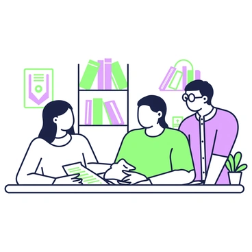 A couple is seated across from a mortgage advisor in a cozy office environment. The woman has long hair and is wearing a light sweater, while the man has short hair and is dressed in a button-up shirt. They are both focused on a document laid out on the table in front of them. The mortgage advisor, with glasses and a professional attire, is leaning slightly forward, pointing at the document with a pen. In the background, there are bookshelves filled with various finance books, and a small potted plant sits on the corner of the desk. Soft lighting creates a warm atmosphere in the office, enhancing the feeling of a productive discussion.