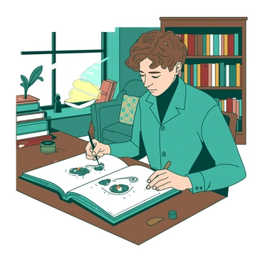 A teal Victorian-era illustrator is seated at a wooden desk in a cozy parlor, surrounded by stacks of books. The parlor features warm lighting from a nearby lamp, casting soft shadows across the room. The illustrator is focused on sketching characters in a large, open book on the desk. A quill and an ink bottle are placed next to the book. In the background, a comfortable armchair with a patterned cushion sits by a window, and a wooden bookshelf filled with various colorful books lines one wall.