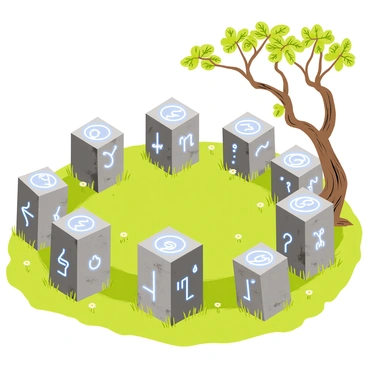 A detailed depiction of an ancient ritual site featuring several stone altars arranged in a circular formation. The altars are made of weathered gray stone, adorned with intricate carvings and symbols. Surrounding the altars, lush green moss and small wildflowers create a natural frame. Glowing runes are etched into the surfaces of the altars, emitting a soft blue light that illuminates the surroundings. The atmosphere is filled with a sense of mystery, with faint mist hovering above the ground. A few ancient trees with gnarled branches arch over the site, their leaves rustling gently in the breeze.
