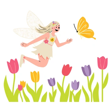 A flower fairy with shimmering wings is joyfully chasing a vibrant butterfly through a field of colorful tulips. The fairy has long, flowing hair adorned with small flowers and wears a dress made of petals. The butterfly is bright orange with intricate patterns on its wings. The field of tulips displays a variety of colors, including red, yellow, and purple, swaying gently in the breeze. Bright sunlight bathes the scene, creating a cheerful atmosphere.