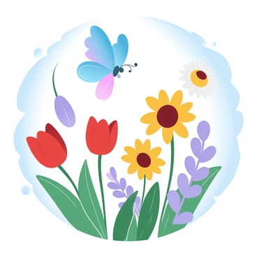 A colorful butterfly with vibrant wings is fluttering among a garden filled with diverse flowers in various shapes and sizes. The flowers include tulips, daisies, and sunflowers, showcasing a range of bright colors such as red, yellow, and purple. The background features a clear blue sky, enhancing the brightness of the scene. Soft green leaves are visible, adding depth to the garden environment.