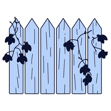 Black flower vines gracefully climbing a rustic wooden fence. The fence is made of weathered planks with a rough texture, showing signs of age and wear. The vines have dark, glossy leaves interspersed with delicate black flowers that have open petals. The overall scene conveys a sense of natural growth and beauty in a simple setting.