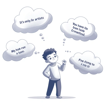 A character surrounded by clouds labeled with misconceptions about creativity, looking up in confusion.