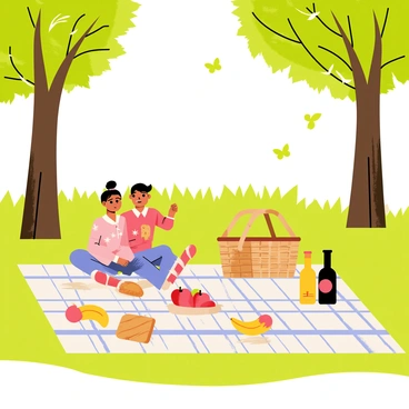 A picnic setup featuring a large checkered blanket laid out on a vibrant green forest floor. A couple is seated comfortably on the blanket, with a wicker picnic basket open beside them. Various colorful fruits, including red apples and yellow bananas, are scattered on the blanket. The couple is sharing a loaf of bread, with a bottle of sparkling juice resting nearby. Tall trees with lush green leaves create a canopy overhead, filtering sunlight that casts gentle patterns on the ground. A few butterflies flutter around, adding life to the peaceful scene.