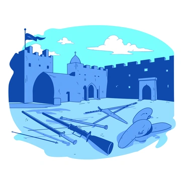 A blue courtyard at the Alamo is depicted after the battle, featuring scattered weapons including swords, rifles, and shields lying across the ground. The stones of the courtyard are worn and dusty, reflecting the aftermath of conflict. In the background, the historic walls of the Alamo stand tall and silent, casting shadows in the stillness. A few torn banners flutter lightly in the gentle breeze, adding a sense of desolation to the scene. Sunlight filters through the clouds, illuminating the quiet atmosphere of the aftermath.