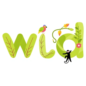 A variety of green tropical leaves and vibrant flowers arranged to form the letters "w," "i," "l," and "d." The "w" is shaped by large, glossy leaves, while the "i" is depicted with a slender palm frond topped with a colorful bird perched on it. The "l" features a curved vine intertwined with smaller, bright leaves, and the "d" is created with a large, fan-like leaf complemented by a playful monkey hanging down from it. Each letter is filled with intricate details of the foliage and textures, showcasing a lush, vibrant environment.