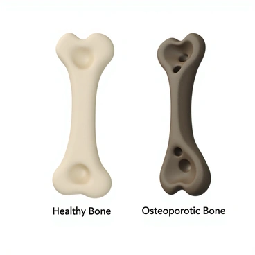 An illustration of healthy vs. osteoporotic bones, displaying the difference in density.