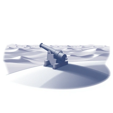 A lone cannon positioned on a crest of a sand dune. The cannon is made of dark metal, showing signs of wear and rust. Surrounding the cannon, the vast desert stretches out, featuring numerous undulating sand dunes that create a wavy pattern across the landscape. The ground is parched and cracked, reflecting the harsh sun exposure. The horizon is clear, emphasizing the isolation of the cannon in this arid environment.
