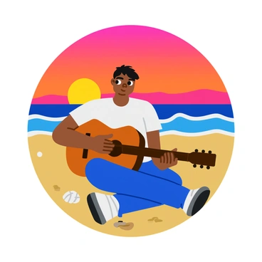 A guitarist sitting on a sandy beach during sunset. The guitarist is wearing a casual white shirt and blue jeans, focused on strumming his acoustic guitar. The sky is filled with vibrant shades of orange, pink, and purple as the sun sets on the horizon. Gentle waves are lapping at the shore in the background, reflecting the warm colors of the sky. A few seashells are scattered on the sand near the guitarist's feet.